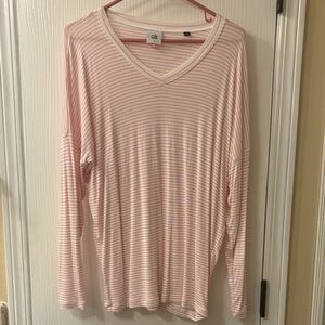 CAbi Pink and White Striped V-Neck “Serenity Tee”